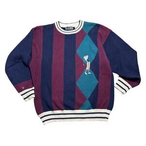 Lazarus Golf Sweater Embroidered Golfer Argyle Stripe Navy Burgundy L Vintage